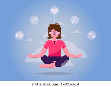 The girl sits in the lotus position and studies modern technologies in medicine. Online medicine. Can be used on websites and webbans. Search for new trends in the treatment of the virus. Vector. 