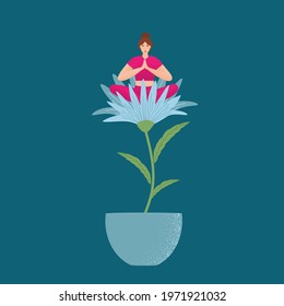 The girl sits in the lotus position,on a flower, the thought process. Self-improvement, controlling mind and emotions, mental health, relaxation, flower as a symbol of femininity