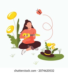 A girl sits in a meadow with flowers, plays the ukulele. Butterfly and hat. Elements. vector illustration