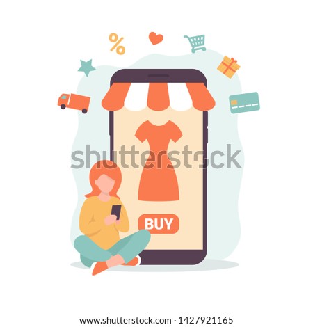 Girl sits near the phone and orders the goods online. Online shopping concept flat illustration for web design, banner, mobile app, landing page. Flat vector illustration.