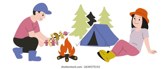 Girl sits near  tent and watches  guy cook food on  campfire against  forest backdrop.