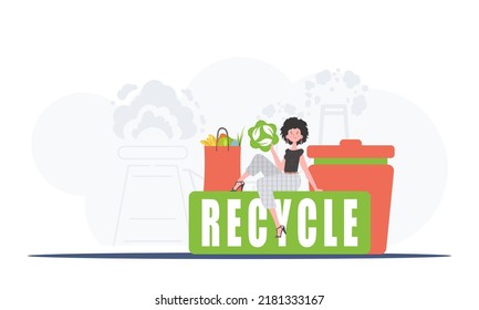 A girl sits next to a package of proper food and holds an EKO icon. The concept of ecology, recycling and green planet. Trend style, vector illustration.