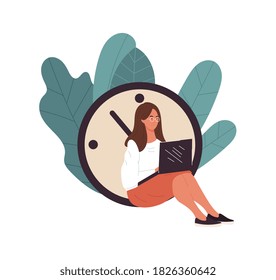 The girl sits next to the wall clock and holds a laptop on her lap. Flat vector illustration