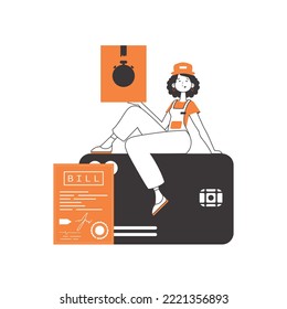 The girl sits on a bank card and holds a parcel. The concept of the delivery of goods and parcels. Linear style. Isolated on white background. Vector illustration.