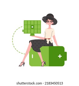 The girl sits on a battery and holds a solar panel in her hands. Eco energy concept. Isolated. trendy style. Vector illustration.