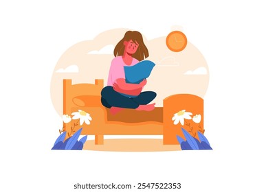 Una niña se sienta en una cama, abrazando una almohada mientras se ve contemplativa. La habitación cuenta con flores decorativas y un reloj. Ilustración vectorial