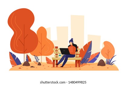 A girl sits on a bench in an autumn park and works at a laptop. Trend colors. Vector illustration in cartoon flat style on a white background. 