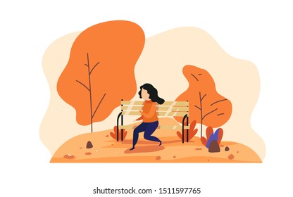 A girl sits on a bench in an autumn park. Trend colors. Vector illustration in cartoon flat style on a white background. 