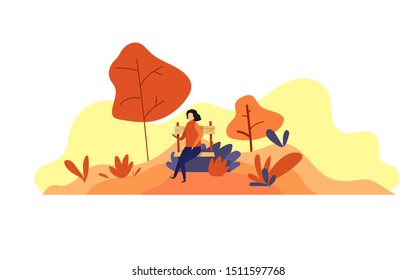 A girl sits on a bench in an autumn park. Trend colors. Vector illustration in cartoon flat style on a white background. 