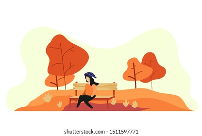 A girl sits on a bench in an autumn park. Trend colors. Vector illustration in cartoon flat style on a white background. 