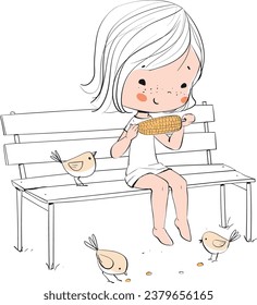 Girl sits on a bench and eats corn.