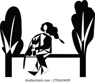 A girl sits on a bench in a park with a black cat and dreams of a happy future. A black and white stylized illustration. Vector
