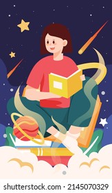 Girl sits on a book and reads with a cosmic starry sky in the background, vector illustration