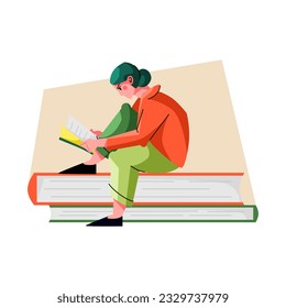 The girl sits on the books and reads a book. Learning and tutorial concept. Flat vector illustration on white background