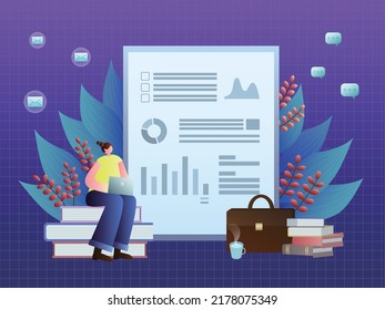 A girl sits on books using laptop in front of a big screen showing various data tables. Abstract business vector flat illustration.