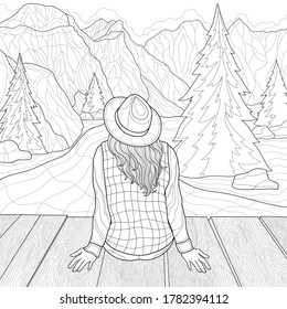 
The girl sits on the bridge and looks at the mountains. Landscape.Coloring book antistress for children and adults. Zen-tangle style.Black and white drawing