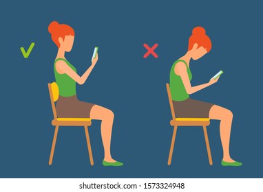 A girl sits on a chair bent and straightened, reading the phone. Correct and incorrect sitting position. Before and after, changing. Healthy spine vector cartoon illustration. Person side view.