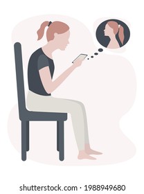 La chica se sienta en una silla y mira un smartphone, trastorno de postura, torcido de vuelta. Ilustración del vector