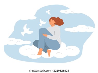 la niña se sienta en una nube, los pájaros blancos vuelan a su alrededor. ilustración vectorial en un estilo plano - sobre el tema del bienestar psicológico bueno, la salud mental.