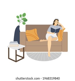 The girl sits on the couch and reads. Reading a book at home. Relaxation. The pastime. Relaxation. Enthusiasm. Vector stock illustration. White background. Detailed flat style. Glasses. Indoor plant. 