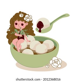 The girl sits on the edge of a green cup with rice balls. Tangyuan rice balls. Traditional festive food for the new year in China. Chinese dessert in green shades with character in cute cartoon style