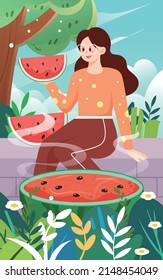 Girl sits on the fence and eats watermelon with trees and plants in the background, vector illustration