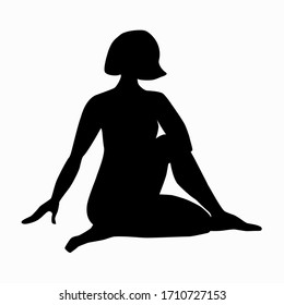 The girl sits on the floor, bending one leg, resting on her arm. Black silhouette of a woman with a haircut doing yoga asana. Stock vector illustration isolated on white background.