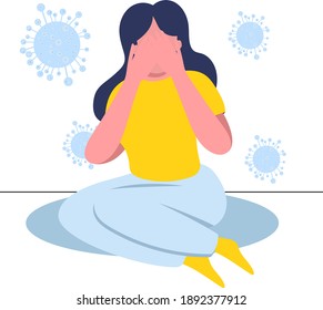 The girl sits on the floor and covers her face with her hands from viruses
