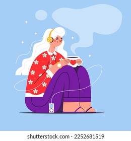 The girl sits on the floor in headphones and drinks tea flat art. Girl listening to music with a cup of coffee in her hands. Vector Illustration