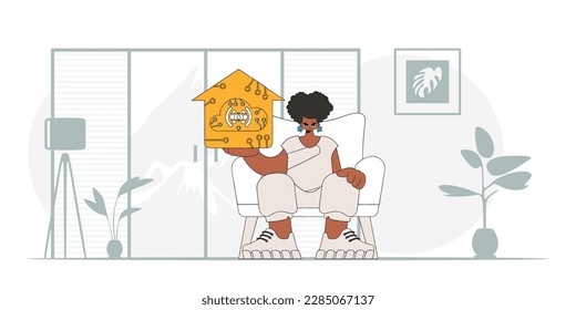 Girl sits on floor, IOT logo in hand, modern vector figure reflected.