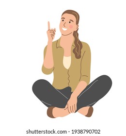 The girl sits on the floor in the lotus position and points up. Flat vector illustration.