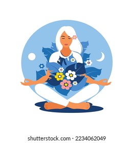 Girl sits on the floor in pose lotus and makes a breathing exercise. Health and wellbeing concept. Smiling girl cares about herself and her future. Vector illustration.