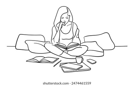 Girl sits on the floor surrounded by textbooks and does her homework continuous line art drawing isolated on white background. Vector illustration