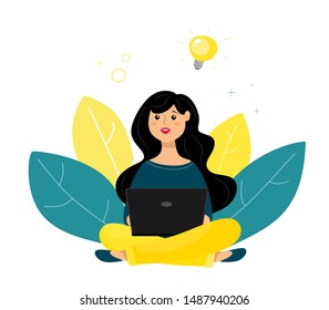 A girl sits on the floor and works with a laptop on social networks. Business illustration. Business idea and communication. Vector illustration on a white background in flat style. 