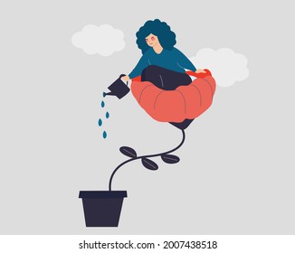 Girl sits on a flower and waters it with happiness. Woman loves herself and cares about her life, future. Concept of positive thinking, lifestyle, mental health, self development. Vector illustration.