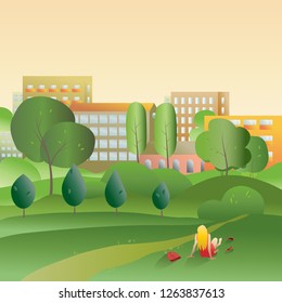 Girl sits on the green grass in a city park alone. Shoes removed and scattered on the ground. High-rise buildings behind the trees. Vector illustration