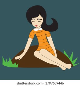 Girl sits on the ground and looks down - vector