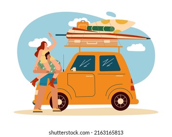 The girl sits on the guy's shoulders, helps the guy to load things, suitcases, bags on the roof of the car. Car rental. Vacation travel. Flat vector illustration.