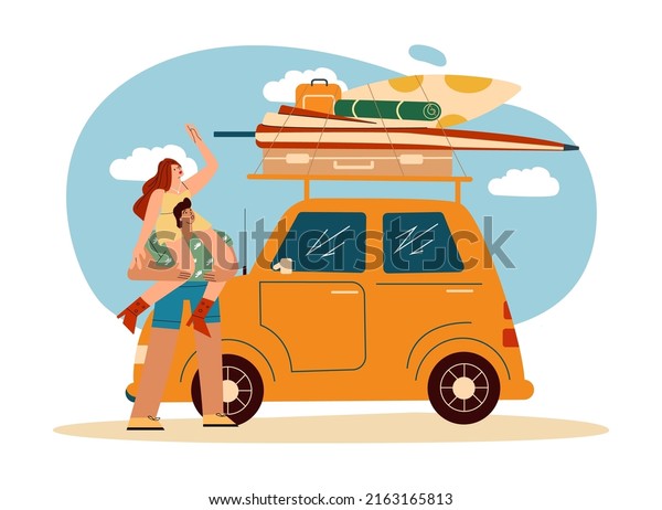 The girl sits on the\
guy\'s shoulders, helps the guy to load things, suitcases, bags on\
the roof of the car. Car rental. Vacation travel. Flat vector\
illustration.