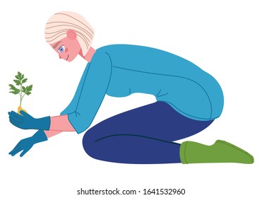 The girl sits on her knees, leaning against the ground in her hands, she has a sprout for planting in the soil. Vector illustration