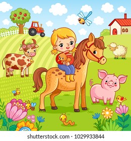 The girl sits on a horse and holds a rabbit in her hands. Vector illustration with animals on the farm.