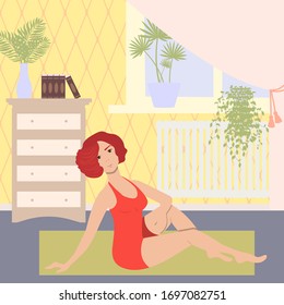 A girl sits on a house rug. Interior and indoor plants. Vector flat cartoon illustration.