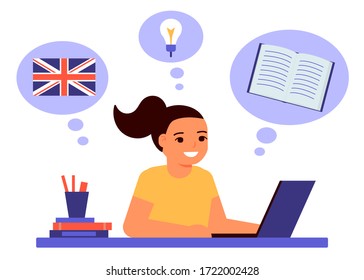 Girl sits on laptop and learns an English lesson. Child learns remotely foreign language. Home school, web e-learning, online education, knowledge concept. Vector flat style illustration.