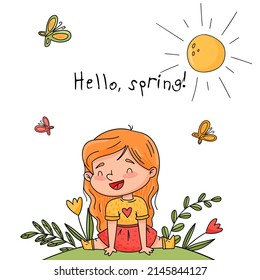 La niña se sienta en el césped y se regocija al llegar la primavera. Alrededor de flores, mariposas y sol. Ilustración vectorial para diseños, impresiones y patrones. Aislado sobre fondo blanco