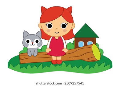 A girl sits on a log on a green lawn, cradling a cat in her arms. The serene scene is bathed in soft sunlight, with trees in the background adding a peaceful, natural backdrop to their quiet moment.