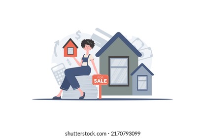 Das Mädchen sitzt auf einem Berg von Dokumenten und hält ein kleines Haus in den Händen. Immobilienverkaufskonzept. trendiger Stil. Vektorgrafik.