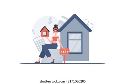 The girl sits on a mountain of documents and holds a small house in her hands. Selling a house or real estate. trendy style. Vector illustration.