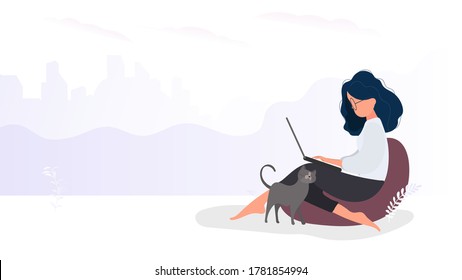 The girl sits on an ottoman and works at a laptop. A woman with a laptop sits on a large pouf. The cat rubs against the girl's leg. Vector.