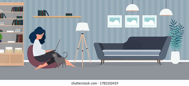 The girl sits on an ottoman and works at a laptop. A woman with a laptop sits on a large pouf. The cat rubs against the girl's leg. The concept of comfortable work in the office or at home. Vector.