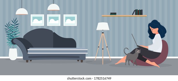 The girl sits on an ottoman and works at a laptop. A woman with a laptop sits on a large pouf. The cat rubs against the girl's leg. The concept of comfortable work in the office or at home. Vector.
